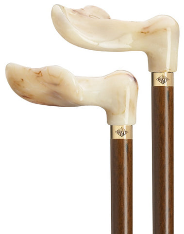 Marbled Palm Grip Walking Cane, walnut hardwood shaft, brass ring LEFT XL 42