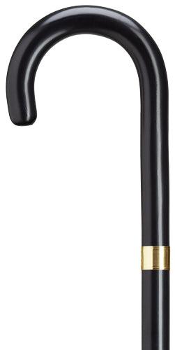Round Nose Crook Walking Cane - 1" Black, 14kt Gold Band 36" - Canes Galore
