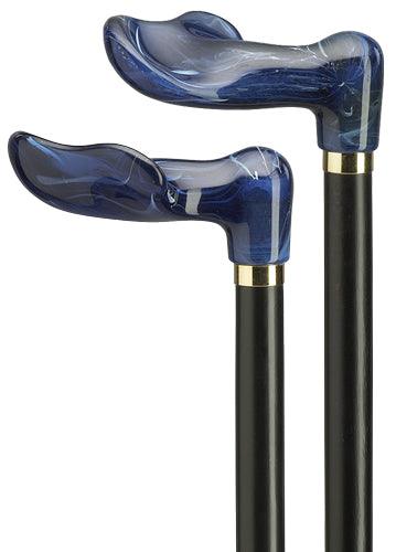 Titanic Blue Swirled Palm Grip Walking Cane on Black Hardwood RIGHT 36" - Canes Galore