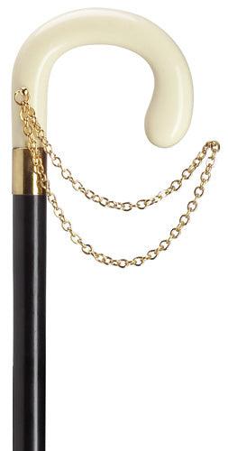 Ladies Crook Walking Cane with Gold Chain, White Ivory 36" - Canes Galore