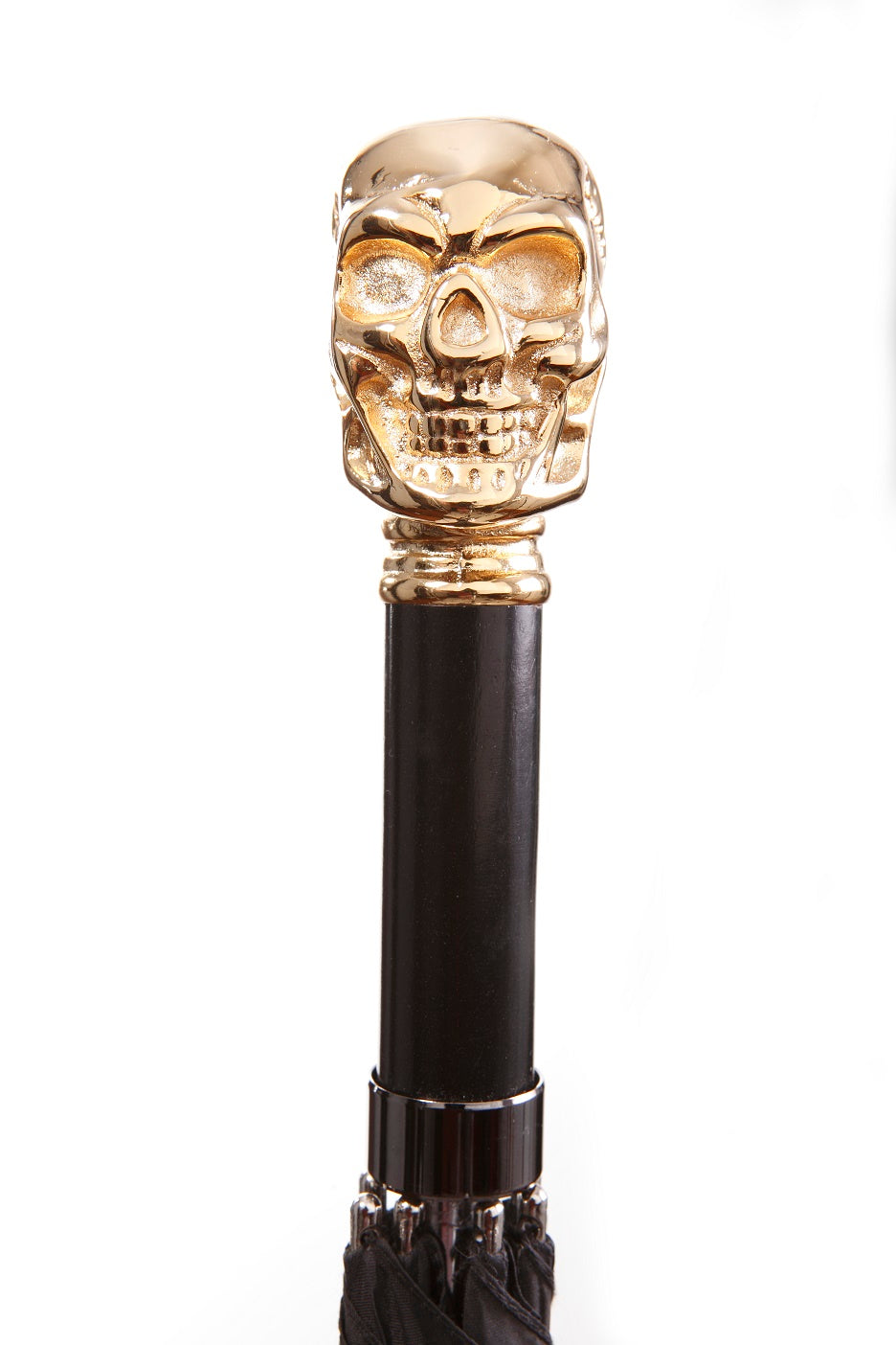 GOTHIC GOLD SKULL umbrella, black 27.5" canopy, manual open 38" - Canes Galore