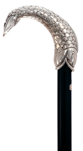 PISCES FISH SILVER PLATED handle walking cane, black shaft 36