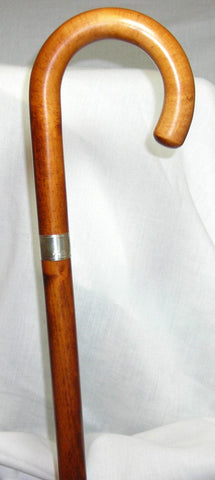 Cherry-stained Maple Wood Crook Walking Cane with STERLING SILVER BAND 36