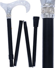 Black Adjustable Folding Walking Cane with Black and White Pearlz - Canes Galore